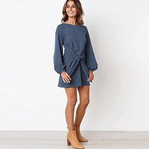 PrettyGarden Lantern Sleeve Tie Waist Dress